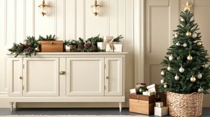 This entryway combines neutral tones and elegant gold accents, showcasing stylish bookshelves, a console table, and a festive small Christmas tree enhancing the cozy atmosphere