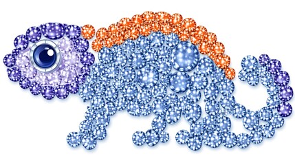 A cartoon chameleon made of blue, purple, and orange gemstones on a white background.