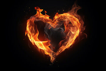 flame love fire heart shape on black background, AI generated