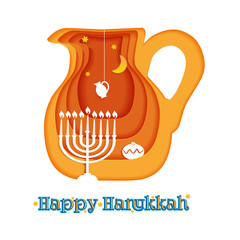Happy Hanukkah, Jewish Festival of Lights paper cut greeting card with Chanukah symbols Oil Jar, star David, candles, and glowing lights.
