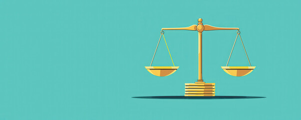 balance scale illustration symbolizes justice and fairness, showcasing two equal sides on vibrant turquoise background. This evokes sense of equilibrium and impartiality