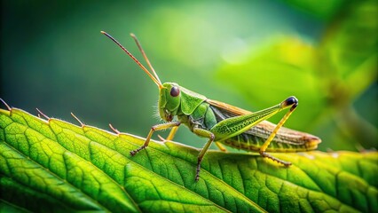 Forced perspective grasshopper on leaf in forest