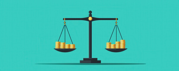 balance scale weighing gold coins symbolizes financial equity and value assessment. This illustration captures essence of wealth distribution and economic balance