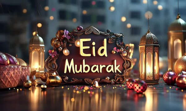 Eid Mubarak concept with 3D text "Eid Mubarak" with arabic style. 