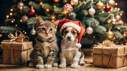 Christmas Puppy and Kitten with Presents  generative ai
