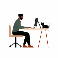 man is working at desk with computer while black cat sits nearby, creating cozy and productive home office atmosphere