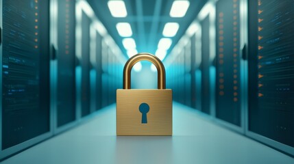 Fototapeta premium A golden padlock stands in a data center hallway, symbolizing digital security and protection amidst servers.