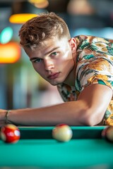 Young man perfects his shot in billiards, highlighting skill and promoting local tournament event