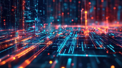 Abstract high-tech circuit board with glowing data lines and digital particles representing tech infrastructure