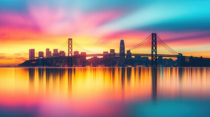 Obraz premium Vibrant sunset over a city skyline with a bridge, reflecting colorful hues on calm water, creating a serene atmosphere.