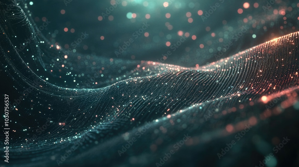 Poster abstract high-tech digital mesh with floating data particles representing tech processes and digital