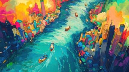 Fototapeta premium Colorful cityscape with boats on a river.