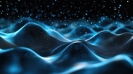 Abstract high-tech mesh with glowing particles and waveforms representing digital transformation and processes