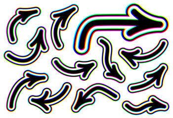 Set of glitch-style curved arrows with vibrant distortion effects. Vector illustration ideal for tech and creative projects.