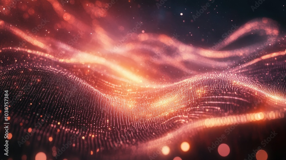 Poster abstract network of glowing digital particles and waveforms symbolizing the future of tech processes