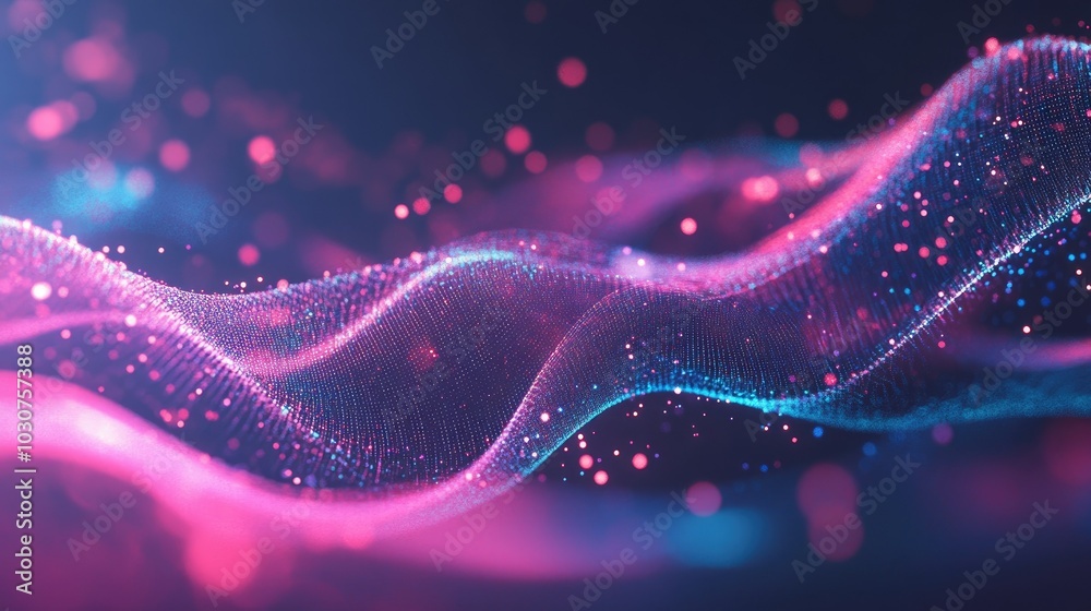 Poster abstract network of glowing digital particles and waveforms symbolizing the future of tech processes