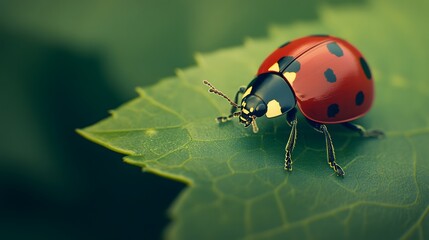 Fototapeta premium A vibrant ladybug rests on a green leaf, showcasing its striking red shell adorned with black spots, highlighting nature's beauty.