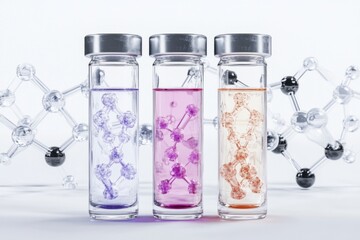 Fototapeta premium Colorful laboratory vials containing molecular structures, illustrating chemical composition and research in a modern scientific environment.