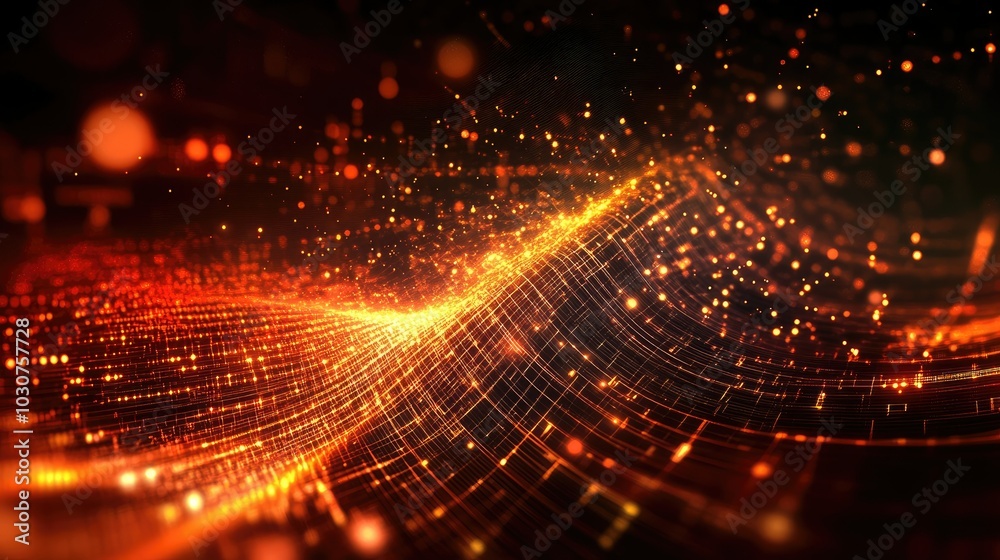 Fototapete Abstract waveforms and grids with glowing particles representing digital signal processing and technological data