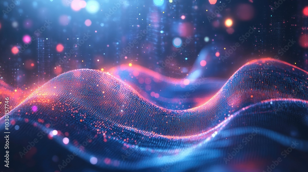 Poster abstract waveforms and grids with glowing particles representing digital signal processing and techn
