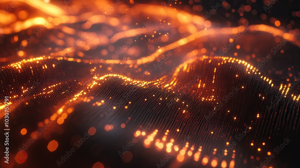 Poster abstract waveforms and grids with glowing particles representing digital signal processing and techn