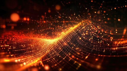 Fototapeta premium Abstract waveforms and grids with glowing particles representing digital signal processing and technological data
