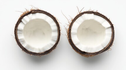 Two halves of a coconut, open and ready to eat, isolated on a white background.