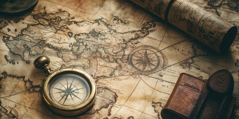Antique compass on old map with leather bound books.