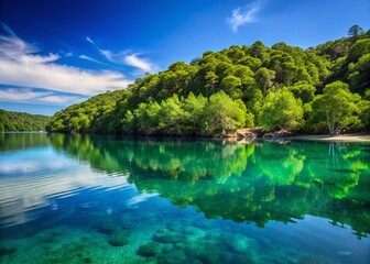 Fototapeta premium Minimalist Bay Landscape on Príncipe Island with Lush Forest and Serene Blue Water