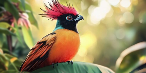 Colorful bird perched on a green leaf.