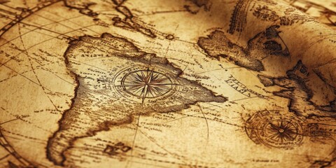 Fototapeta premium Vintage compass rose on an old world map.