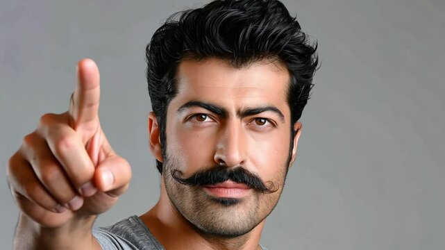 Portrait of a Man with Mustache Pointing Forward Confidently on Gray Background, Featuring Casual Attire and Intense Expression, Studio Photography