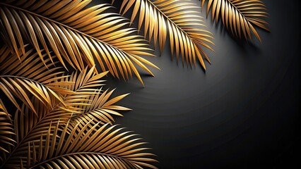 Obraz premium Forced perspective of golden and black palm tree leaves on black background abstract with black gold background