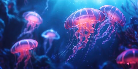 Pink jellyfish glowing in blue water.