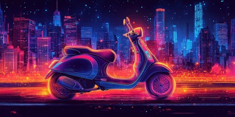 Neon scooter against city skyline at night.