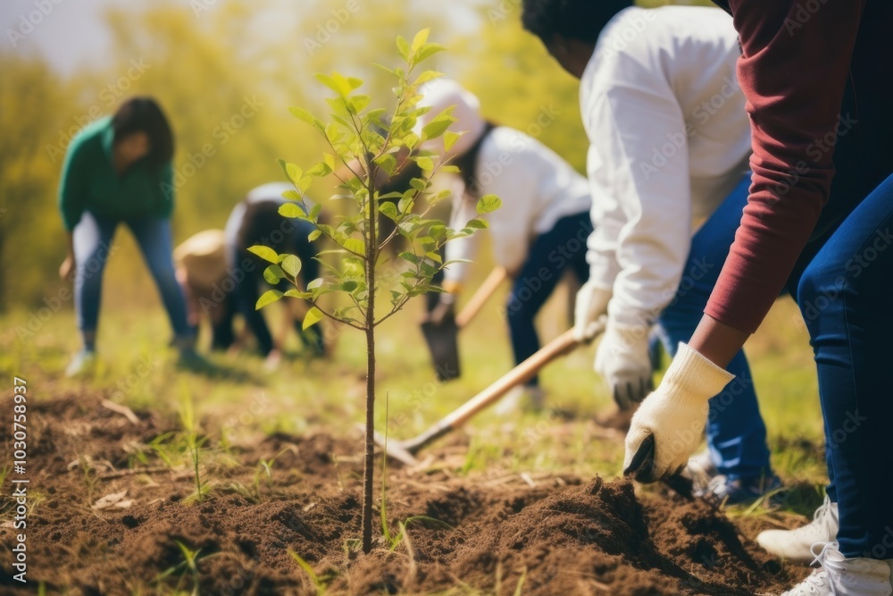 Sticker People planting tree gardening outdoors nature.