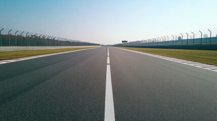 Deserted race track with smooth asphalt and white lane markings, perfect for copy space, no cars, no people