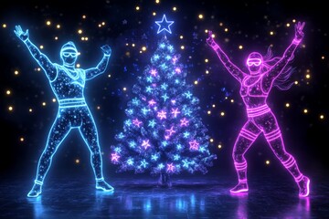 Fototapeta premium Neon Dancers Celebrate Christmas, luminous figures in vibrant colors joyfully pose beside a bright, decorated Christmas tree under a sparkling, festive backdrop.