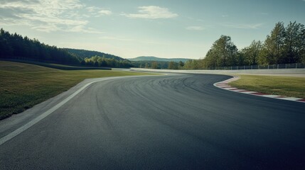 Fototapeta premium Empty race track leading into a sharp corner, perfect for copy space, no cars or people present
