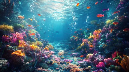 Colorful coral reef with fish in blue water.