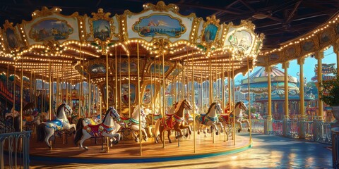 Fototapeta premium Ornate carousel with colorful horses and lights.