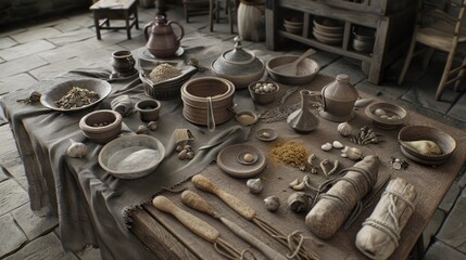 A Rustic Tabletop with Various Rustic Kitchenware and Ingredients