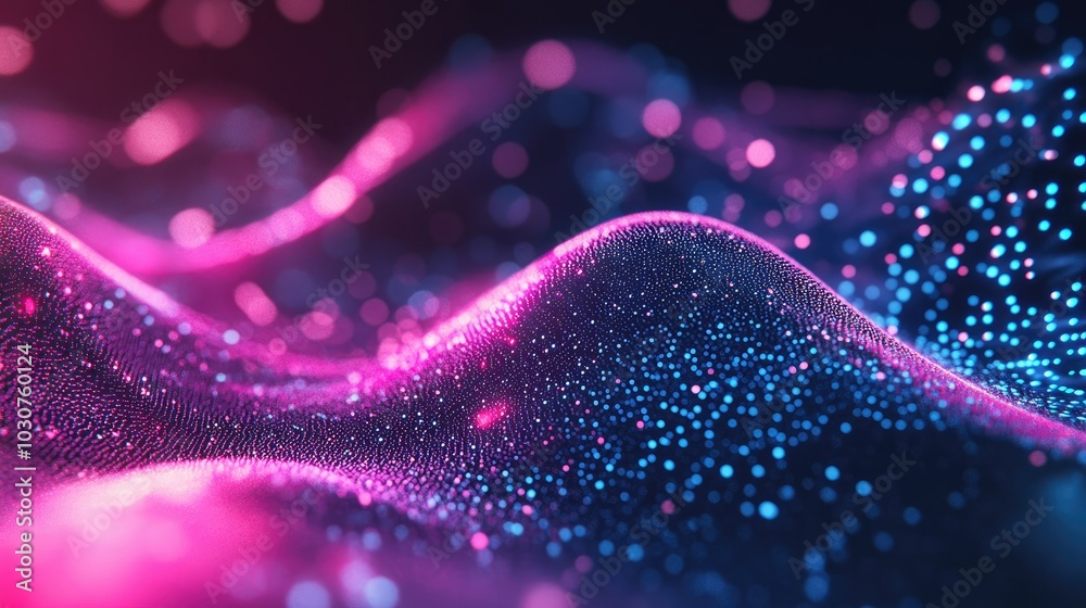 Poster futuristic digital environment with glowing particles and waveforms symbolizing tech innovation and 