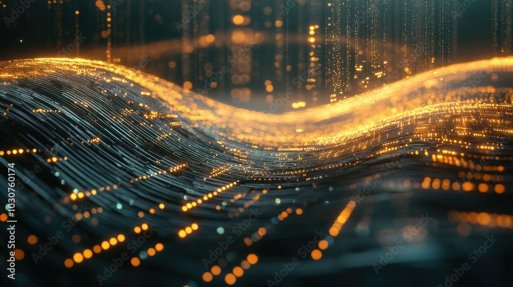 Poster futuristic digital environment with glowing particles and waveforms symbolizing tech innovation and 