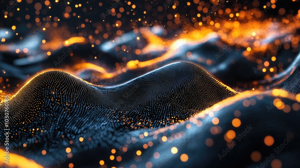 Poster futuristic digital environment with glowing particles and waveforms symbolizing tech innovation and 
