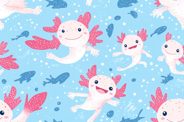 Fototapeta premium Seamless pattern with cute and happy baby axolotls on a blue background.