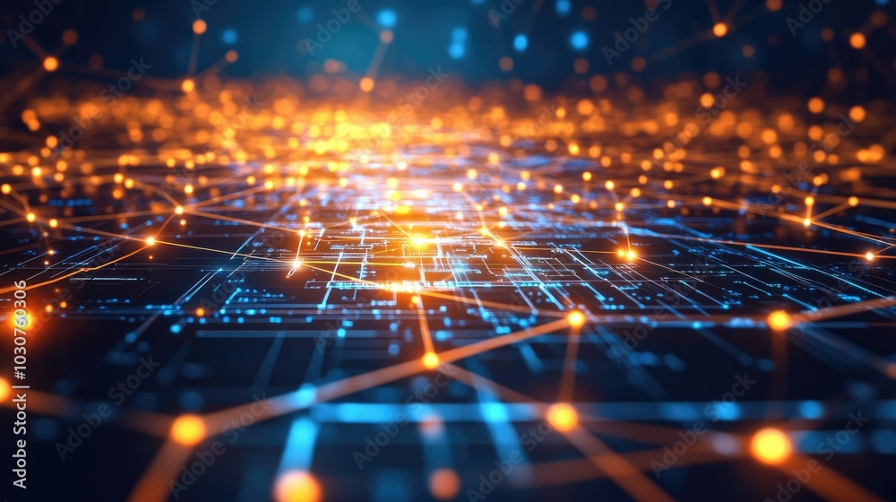 Poster futuristic digital grid with glowing circuits and nodes symbolizing the future of technological proc
