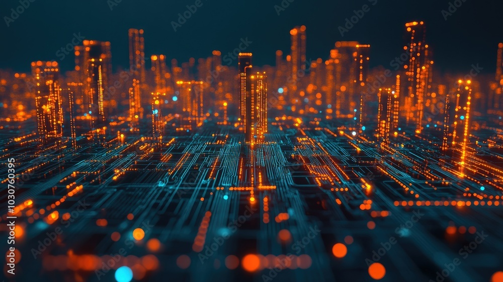 Poster Futuristic digital grid with glowing circuits and data streams symbolizing the speed of technological processes