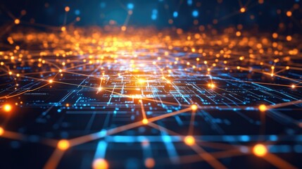 Futuristic digital grid with glowing circuits and nodes symbolizing the future of technological processes