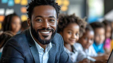 A smiling man with children in a classroom setting.